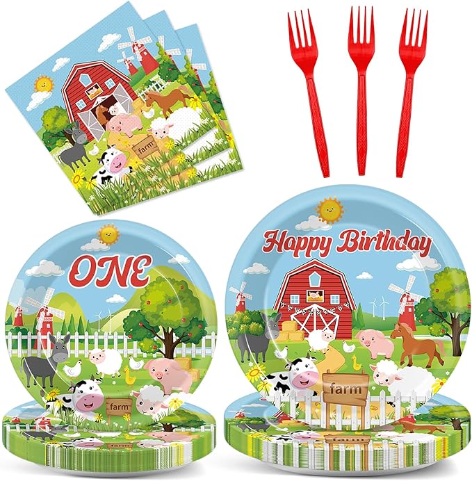 gisgfim 96Pcs Farm Animals Theme Birthday Party Supplies Barnyard 1st Birthday Paper Plates Napkins Cow One Farmhouse Tableware Dinnerware Set Decorations Favors for Baby Shower Serve 24