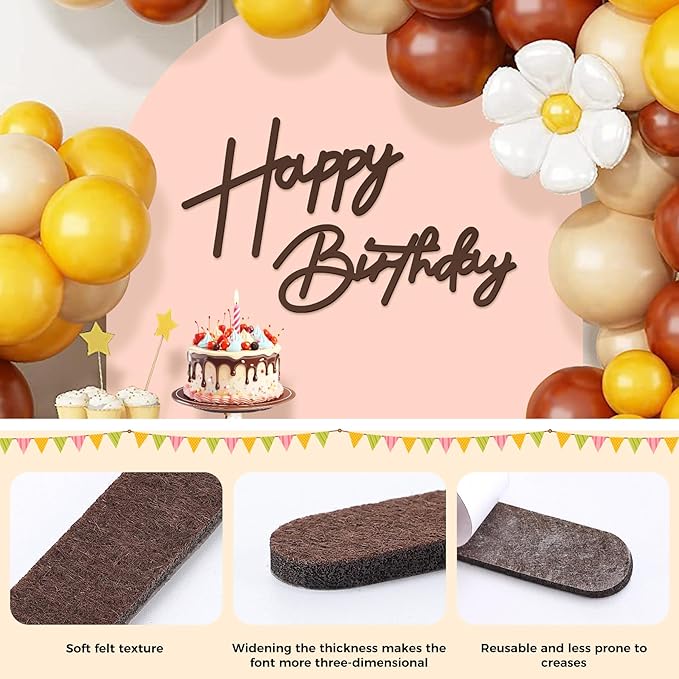 Babenest Brown Felt Happy Birthday Sign - Reusable Strong Adhesion Banner for Backdrop, Balloon Arch Decor, Party Supplies Reception Party Baby Shower Decorations