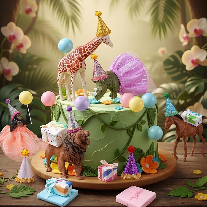 Weysat 41 Pcs Jungle Animals Cake Topper Figures Birthday Party Decorations with Mini Hat and Skirt, Colorful Balls, Jungle Toppers Decoration with Gift Boxes for Wild Animals Themed Party(Forest)