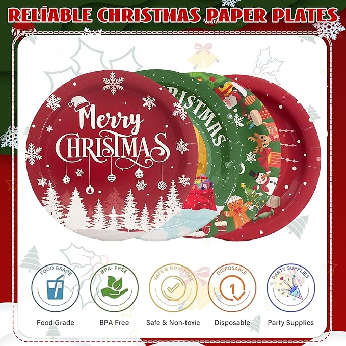 48Pcs Christmas Paper Plates, 7" Christmas Plates Disposable Party Plates Tableware Set for Xmas Holiday Party Supplies