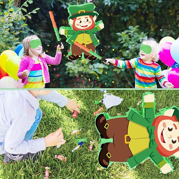 Hooqict St Patricks Day Pinata St. Patrick's Kids Party Games Green Leprechaun Pinata with Blindfold and Bat Stick for Boys Girls Happy St.Patrick's Day Decorations Birthday Party Supplies