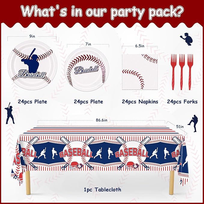 Baseball Party Decorations, Baseball Birthday Decorations Supplies Include Baseball Tablecloth Paper, Plates, Napkins, Forks, Baseball Party Supplies Dinnerware for Serve 24 Guests Kids Party Favors