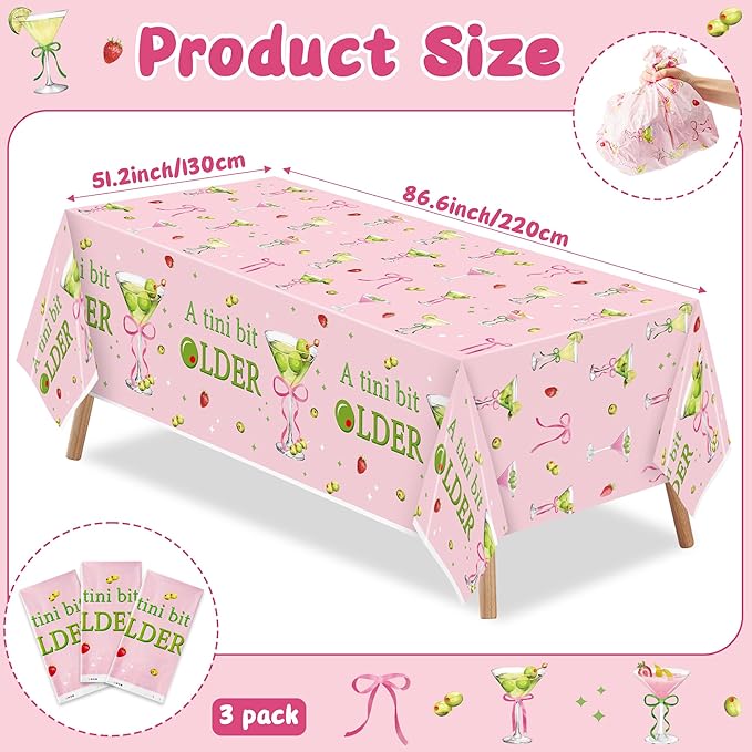 Pink Green Martini Party Tablecloths - 3Pcs A Tini Bit Older Birthday Table Covers, Martini Bow Themed Party Decoration Plastic Disposable Rectangular Table Cloth Decor for Birthday Bachelorette
