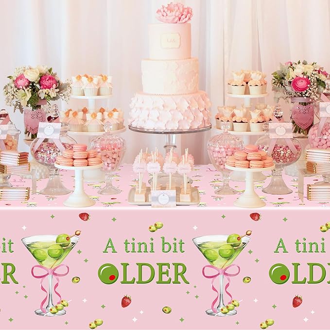 Pink Green Martini Party Tablecloths - 3Pcs A Tini Bit Older Birthday Table Covers, Martini Bow Themed Party Decoration Plastic Disposable Rectangular Table Cloth Decor for Birthday Bachelorette