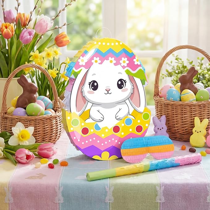 Bunny Easter Egg Piñata with Blindfold, Bat and Filler, Funny Cute Bunny Party Favors for Cute Easter Egg Theme Adults Party Supplies Decoration