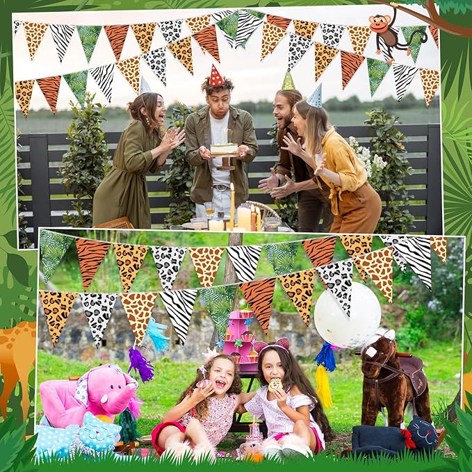 Tiamon 5 Pcs Jungle Zoo Animal Print Decoration Safari Birthday Banner Wild Animal Print Pennant Bunting 49.2 Ft Triangle Flag for Bulletin Board Classroom Decoration Safari Two Wild One Party Supply