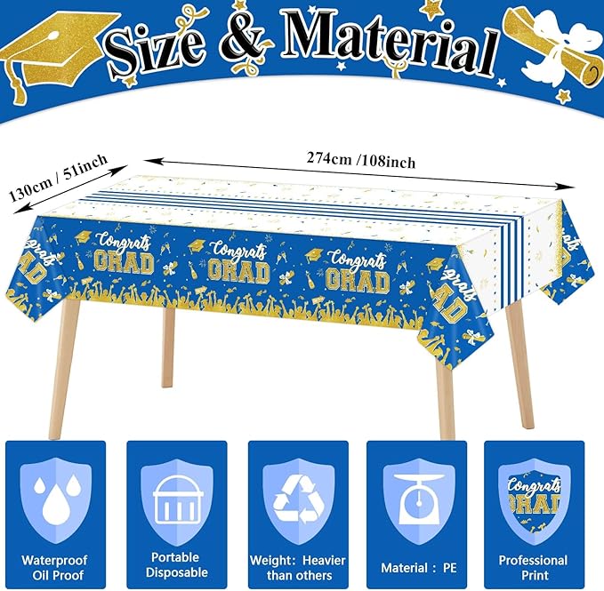 chiazllta Set of 3 Graduation Tablecloths Class of 2025 Congrats Grad Blue Graduation Party Tablecover Decorations Party Supplies Large Size Plastic 54"x108"(Blue & Gold)
