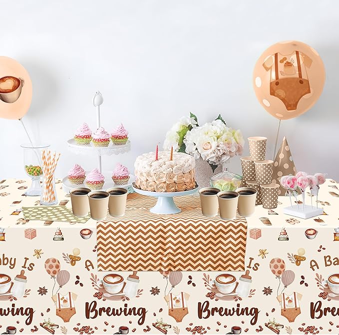 K1tpde 3PCS A Baby is Brewing Baby Shower Party Tablecloths for Kids, Coffee Themed Brown Plastic Tablecloths, Coffee Disposable Table Covers for Birthday Decorations, Pregnancy Diaper Party Supplies