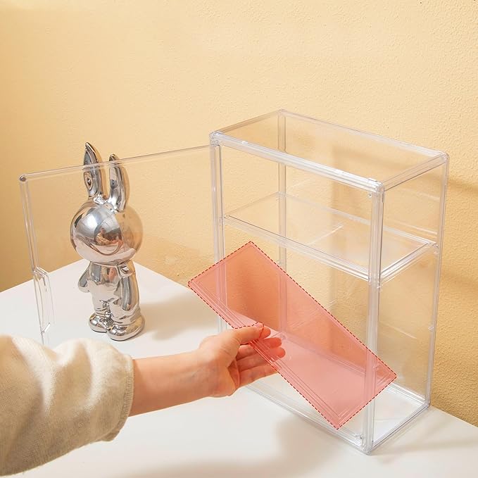 Attelite Acrylic Display Cases for Collectibles,3 Layer Clear Display Case with Magnetic Door,Desktop Clear Showcase with 2 Adjustable Divider Storage Box for Action Figure