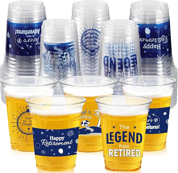 Retirement Party Decoration Cups, 50pcs 16 Oz Plastic Drinking Cups for Retirement Christmas Party Supplies Favors Women Men Snack Cup Bulk (Blue and Silver)