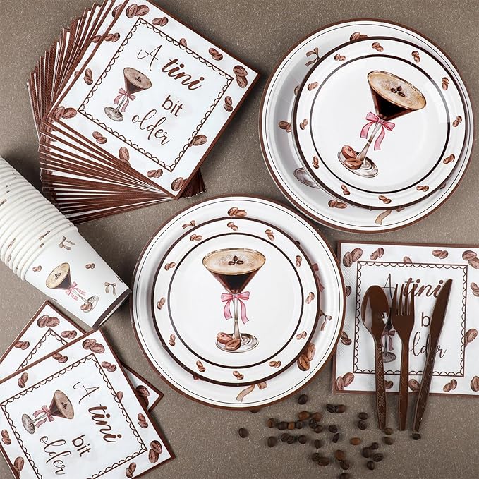 168 Pcs 24 Sets A Tini Bit Older Birthday Decoration, Espresso Martini Paper Plates Napkins and Cups, Espresso Dessert Party Tableware Set, Dinnerware for Party Supplies Wedding
