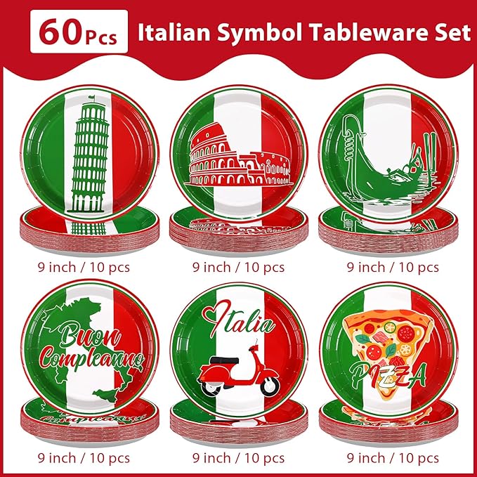 60Pcs Italian Flag Birthday Paper Plates 9" Disposable Heavy Duty Italy Flag Dessert Plates Red White and Green Dessert Plate for Pizza Italian Holiday Family Reunion Dinner Party Decorations ﻿