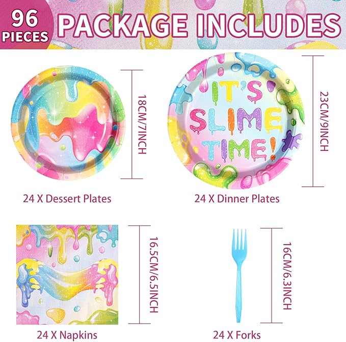 96Pcs Slime Birthday Party Decorations Colorful Slime Party Plates Disposable 350GSM It's Slime Time Paper Tableware Set for Boys Girls Glitter Slime Splatter Splash Birthday Party, Serves 24