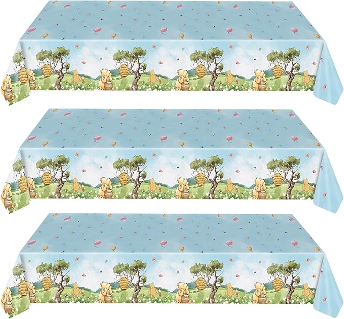 3pcs Party Tablecloth Bear Baby Shower Tablecloths Classic Bear Disposable Thickened Plastic Table Cover for Kids 1st 2rd Baby Party Supplies 54x108Inches (Blue)