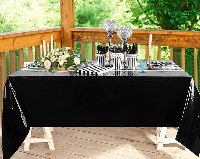 154 Pcs Black and White Party Supplies Black and White Disposable Dinnerware Set Tablecloth Stripe Table Cover Plates Cups Napkins, Knives Forks Spoons Birthday Wedding Decoration