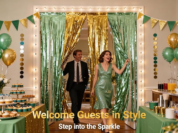 3 Packs Sage Green Gold Foil Fringe Curtains Light Green Birthday Decorations Extra Wide 9.9ft for Wedding Party Backdrop Bridal Shower Group Photos,Birthday Party Door Cover Each 3.3 x 6.5 ft