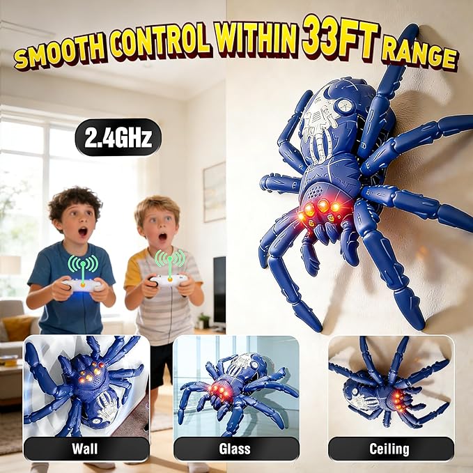 Wall Climbing Spider Remote Control Toy, RC Creepy Crawler with Glowing Eyes for Walls & Ceilings, Prank Halloween Birthday Gift for Kids Boys Girls Ages 3+ (Purple)