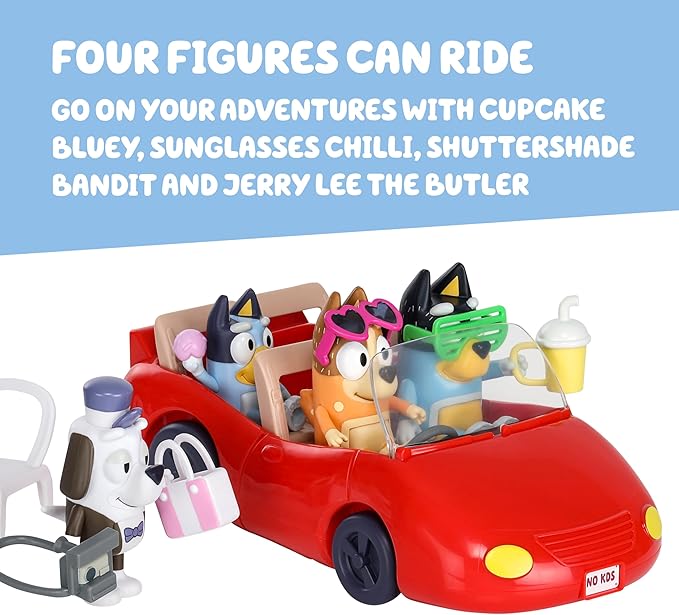Bluey Escape Convertible Vehicle Figurines Pack of 4, Robust Toddler Toy Car with 9 Accessories and Stickers, Immersive Car Toys for Kids Ages 3+