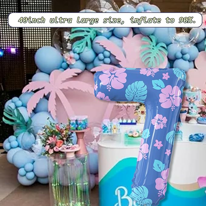 40 Inch Number 7 Balloon Leaf and Flower Birthday，7th Birthday Decorations for Kids' Parties Hawaii Party Supplies Favor Pink and Blue
