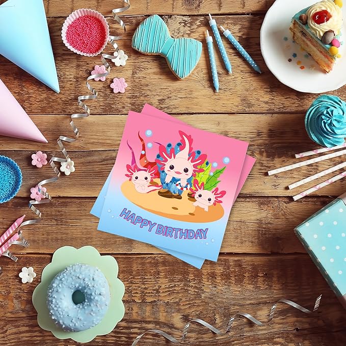 40 Pack Pastel Cute Axolotl Birthday Decorations Napkins - 6.5x6.5 Inch Disposable Axolotl Paper Napkins for Adorable Aquatic Reptile Theme Kids Birthday, Baby Shower & Gender-Neutral Party Supplies