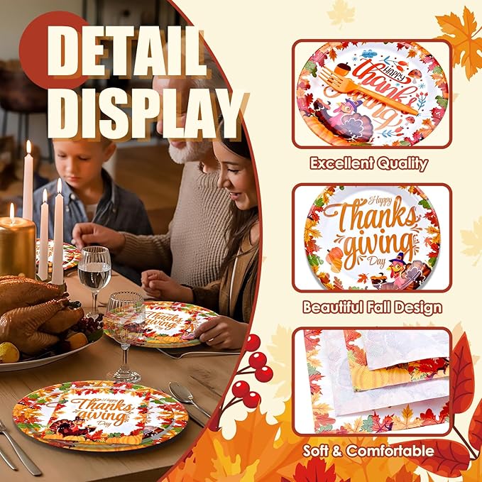 96 Pieces Happy Thanksgiving Tableware Set Party Supplies - Fall Harvest Pattern Disposable Dinnerware with Paper Plates, Napkins, Forks for Autumn and Thanksgiving Dinner BBQ Picnic Favors