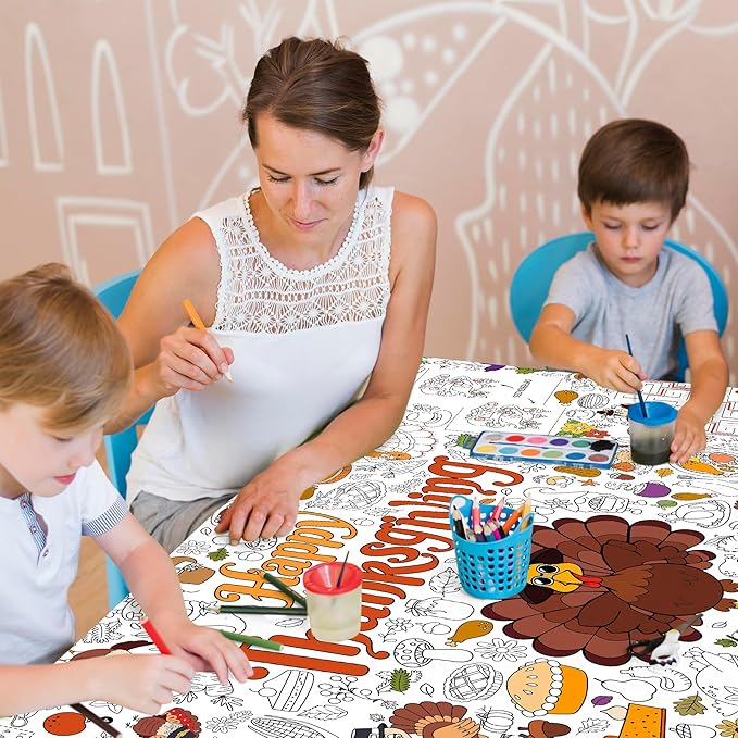 Thanksgiving Coloring Tablecloth for Kids, Giant 30x72 Inch Poster with Turkeys, Pumpkins, Harvest Symbols, Perfect for Party Games, Classroom Activities, Arts Crafts, Indoor Holiday Decor