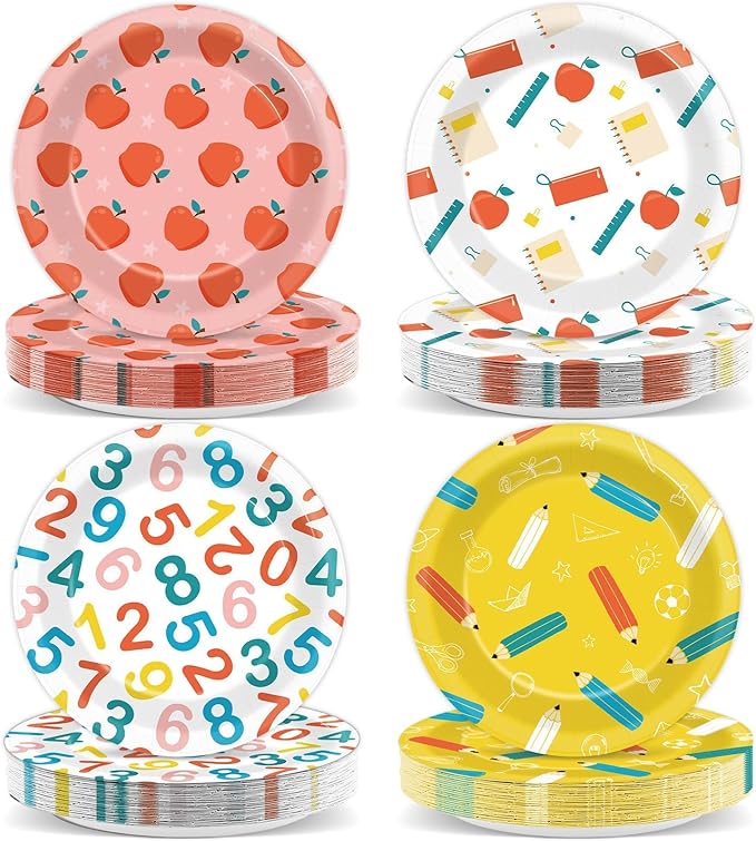 CHUNNIN 48Pcs Back to School Party Paper Plates for School Season Party Supplies 7" First and Last Day of School Disposable Plates Apple Pencils Tableware Birthday Decorations