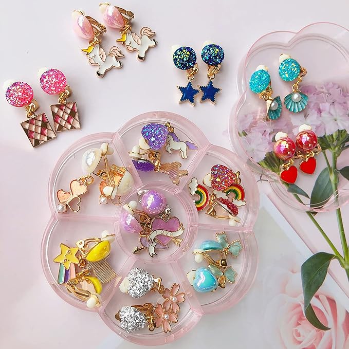 12 Pairs Clip On Earrings Girl Party Favor Princess Clip on Earrings Pretend Play Unicorn Earrings for Little Girl Kids Toddlers Jewelry Set