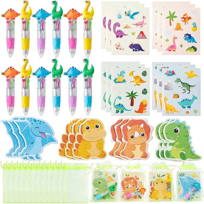 CY2SIDE Dinosaur Stationery Party Gift - 24 Pack Spring Stuffers Prizes with Dino 4-in-1 Ballpoint Pens Sticky Notes Stickers and Organza Animal Party Favors Goodie Bag Fillers for School Rewards