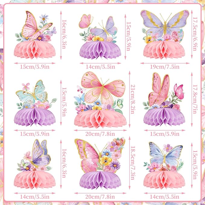 SUNBEAUTY 9 PCS Butterfly Centerpieces for Tables Butterfly Birthday Party Decorations Spring Wildflower Honeycomb Table Centerpiece for Girl Birthday Garden Baby Shower Decorations