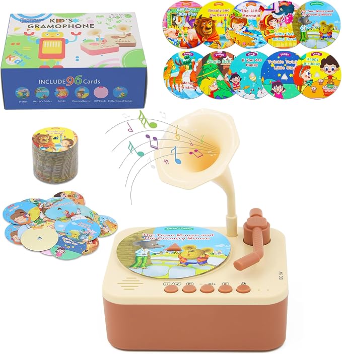 Kids Record Player, Kids Phonograph with 99 Cards, Story Telling & Songs & DIY Record, Toddler Music Toys Ideal for Boys Girls 3 4 5 Year Old