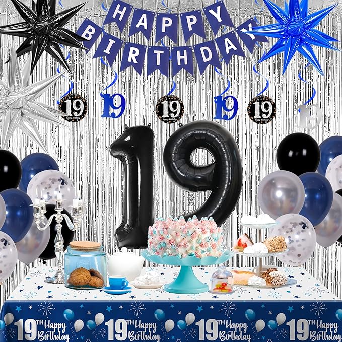 19th Birthday Decorations for Boys and Girls Dark Blue, 19 Birthday Decorations with HAPPY BIRTHDAY Banner 19 Balloon Number Tablecloth Foil Star Balloons Garland Arch Kit-19 Year Old Party Supplies