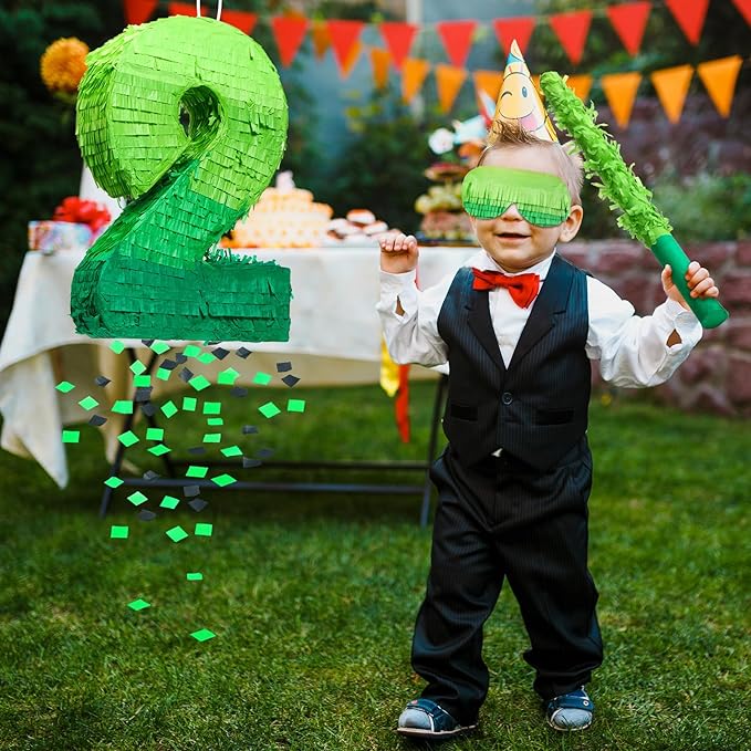 Number Piñata Decorations 16 Inch Gradient Green Piñata with Blindfold Stick and Confetti for Birthday Baby Shower Safari Jungle Themed Party Supplies Centerpiece(Number 2)