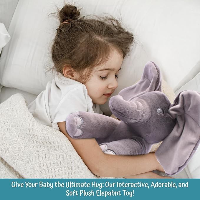 Dimple Emery Peek A Boo Elephant Toy, Interactive Singing Stuffed Elephant Plush with Moving Ears, Musical Stuffed Animal for Babies and Toddlers, Adorable Baby Toy - Adorable Gift for Grandchild