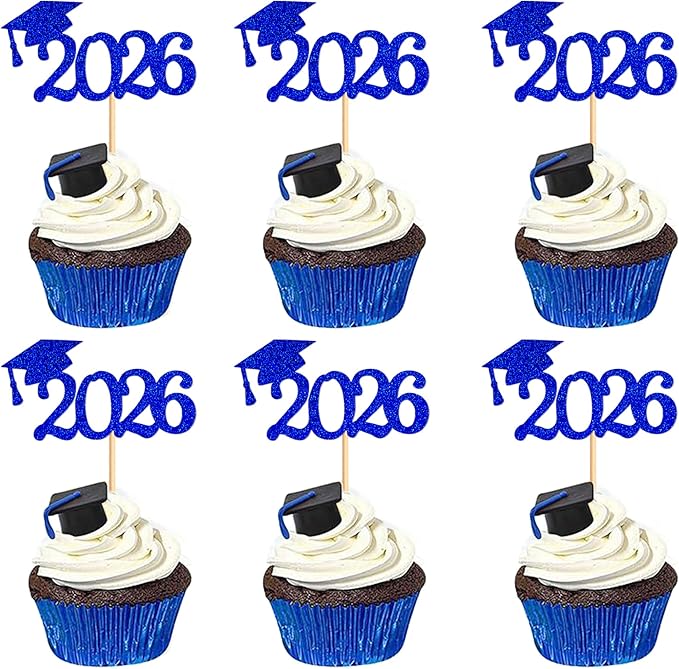 24 Pcs graduation cupcake toppers 2026, Food/Appetizer Picks For Graduation Party Mini Cake Decorations, 2026, Cupcake Toppers(Blue)