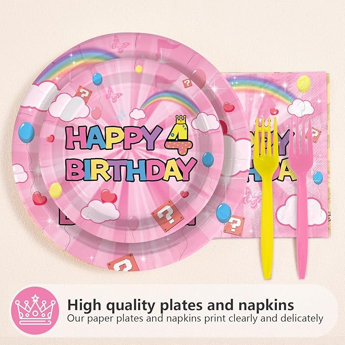 96Pcs Pink and Yellow 4th Birthday Decorations Princess Pink and Yellow Party Plates and Napkins Disposable Tableware for 4 years Old Girls Princess Birthday Party Decorations Serve 24