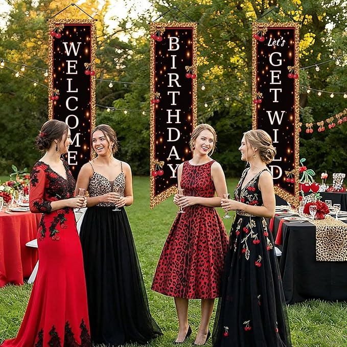 3 Pcs Party Decorations Banners Porch Sign Hanging Flags Photo Props Backdrop Supplies for Outdoor Door Wall Yard Birthday Baby Shower (Cheetah Cherry)