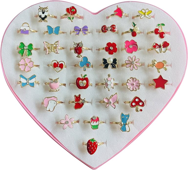 monochef 36pcs Little Girl Jewel Rings in Box Adjustable No Duplication Children Girls Kids Pretend Play Costume Princess Dress Up Jewelry Rings Party Favors Toys Gifts for Girls