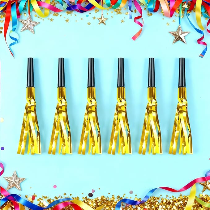 Gold New Years Noise Makers 48 PCS Glitter NYE Party Blowers Blowouts New Years Eve Games Favors Supplies Birthday Pep Rally for Adult Prank Graduation Sporting Events Horns Noisemakers Accessories