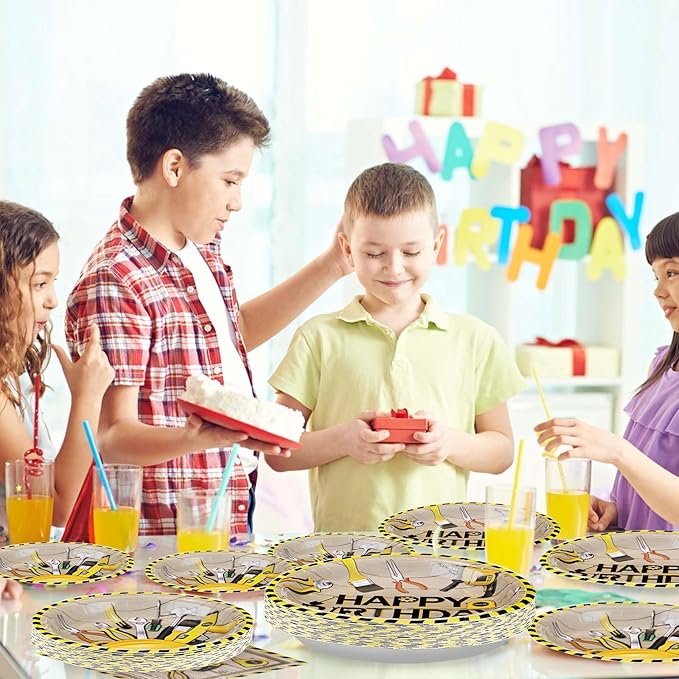 Grencian 96 PCS Handyman Tools Party Supplies Handyman Tools Party Plates 350GSM Disposable Handyman Tools Birthday Tableware Set for Little Builder Carpentry Construction Birthday Party, Serves 24