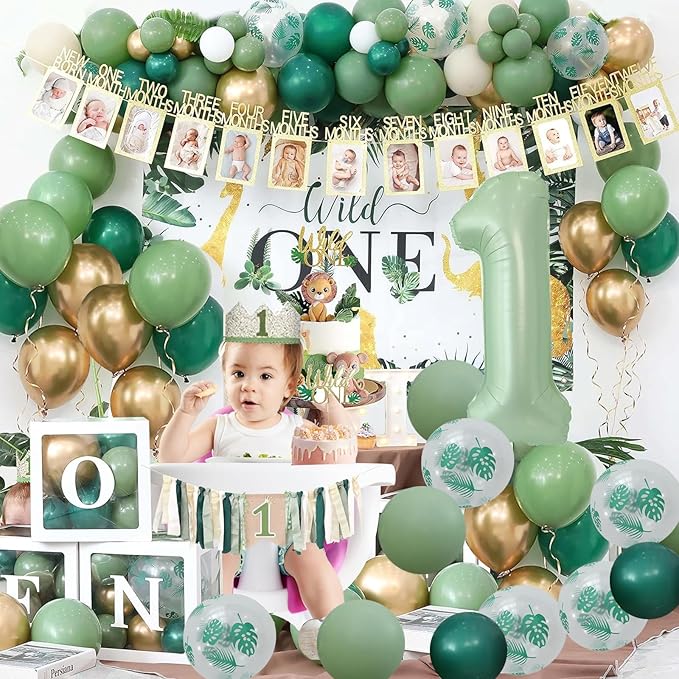 Wild One Jungle Theme Birthday Decorations Kit for Boys, Palm Leaf Balloon Garland, Boxes, Party Supplies