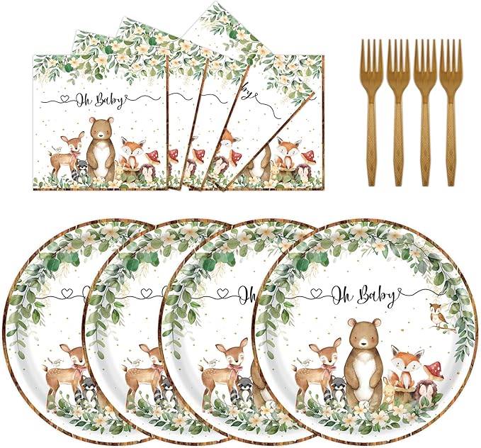 72PCS Woodland Baby Shower Plates and Napkins, Forest Animal Paper Plates and Napkins with Forks Disposable Tableware Set for Boys Girls Safari Jungle Animal Birthday Party Decorations