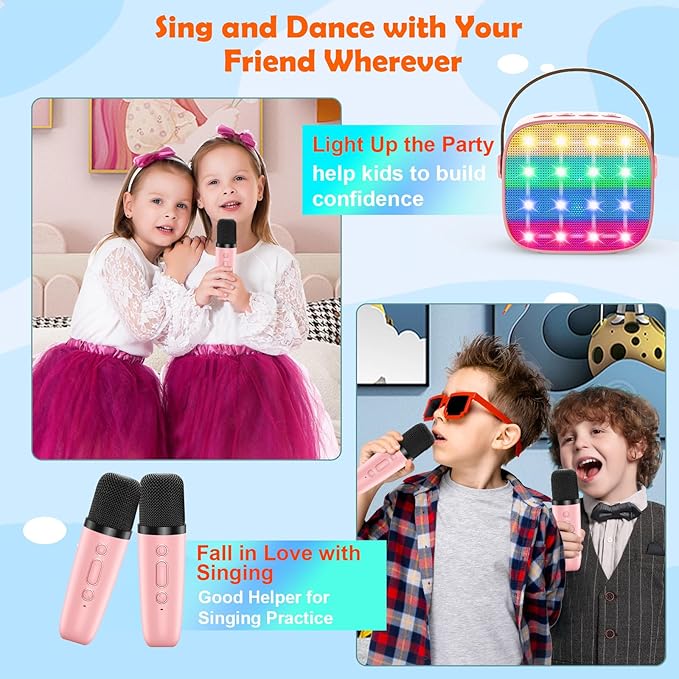 Bluetooth Karaoke Machine Toy for Kids- Mini Karaoke with 2 Wireless Microphone, Voice Changer & LED Lights, Portable Karaoke Mic for 3-8 Year Old Girls, Great for Birthday Home Party
