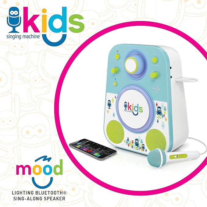 Singing Machine Kids SMK250BG Mood LED Glowing Bluetooth Sing-Along Speaker with Wired Youth Microphone Doubles as a Night Light, Blue/Green