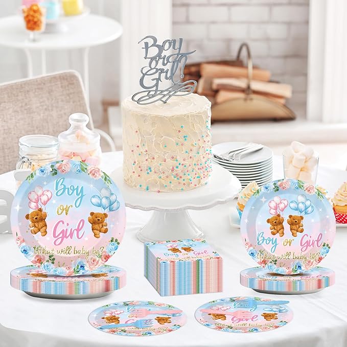 96 Pieces Bear Gender Reveal Theme Tableware Set for Gender Reveal Party Table Decor Supplies Boy or Girl Dessert Plates Napkins Forks for 24 Guests Pink Blue Bear Baby Shower Disposable Party Favors