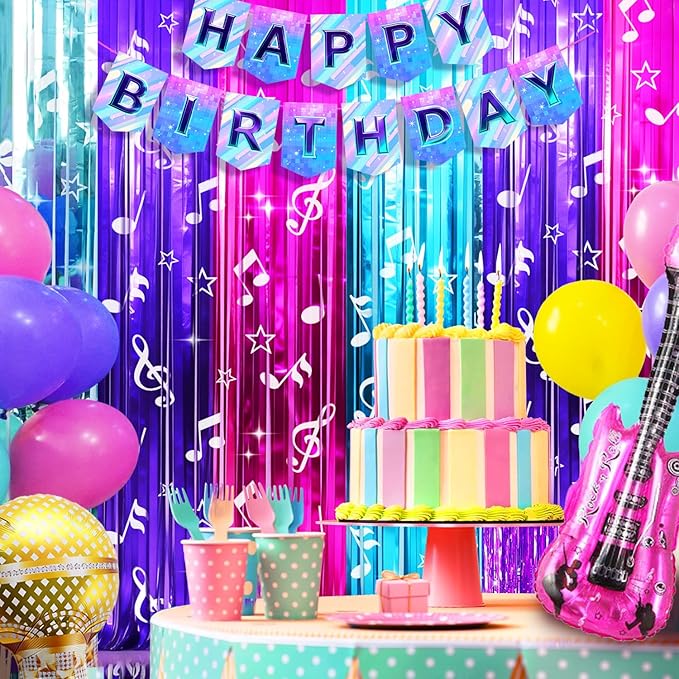 Demon Movie Hunters Birthday Party Decoration, 1 Pack Demon Movie Hunters Party Backdrop Photo Booth Prop, Pop Music Notes Print Fringe Curtains Tinsel Photo Streamers for Hunter Theme Party Supplies