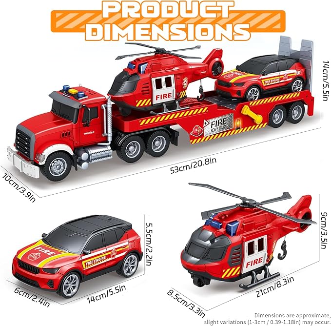 21" Large Semi Fire Truck with Helicopter & Racing Car,Fire Toys Car for Kids Toddlers 3 4 5 6 7, Friction Powered Vehicle with Lights & Sounds,Christmas Birthday Gift for Boys Girls