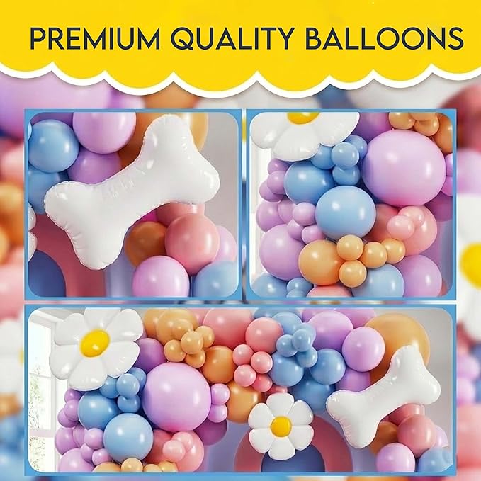 107Pcs Pastel Puppy Birthday Decorations for Girls, Macaron Pink Purple Blue Balloon Garland Arch Kit with Daisy Flower and Dog Bone Foil Balloons for Kids Pets Theme Party, Baby Shower Supplies