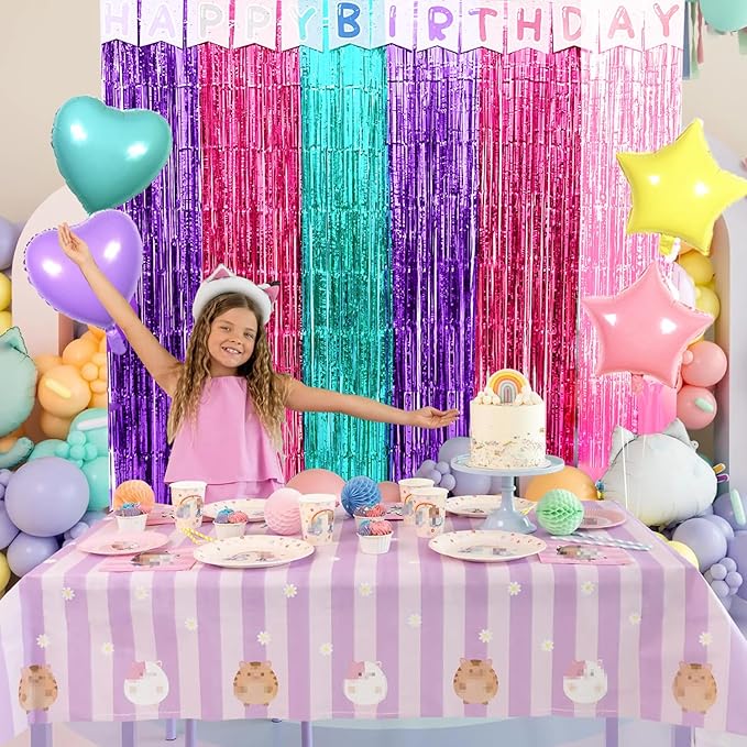 Cute Dollhouse Birthday Decorations, 2 Pack Dollhouse Party Photo Booth Prop, Purple Pink Teal Fringe Curtains Tinsel Photo Streamers Backdrop for Cat Doll House Party Supplies