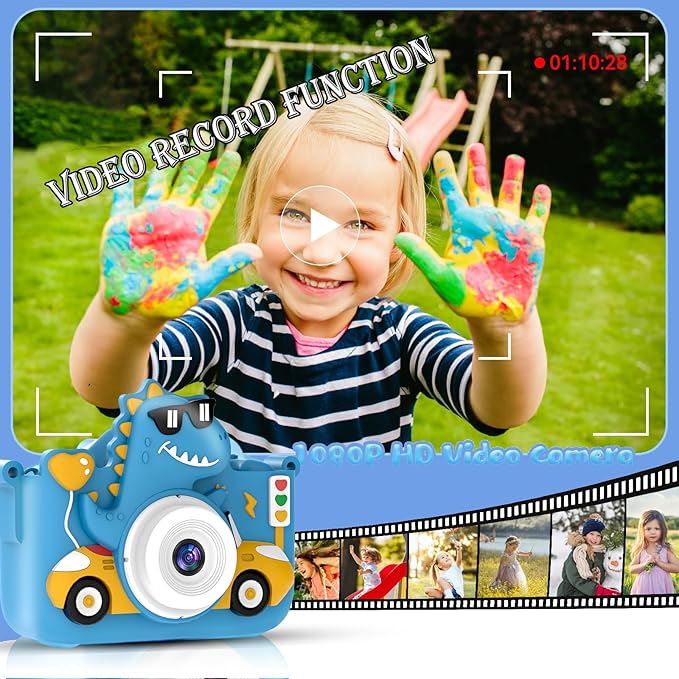 Kids Digital Camera, 1080P HD Video Camera for Toddlers with 32GB SD Card, Dinosaur Protective Case, Card Reader, Fun Selfie Toy Camera for Ages 3-12, Christmas/Birthday Gift for Boys & Girls (Blue1)